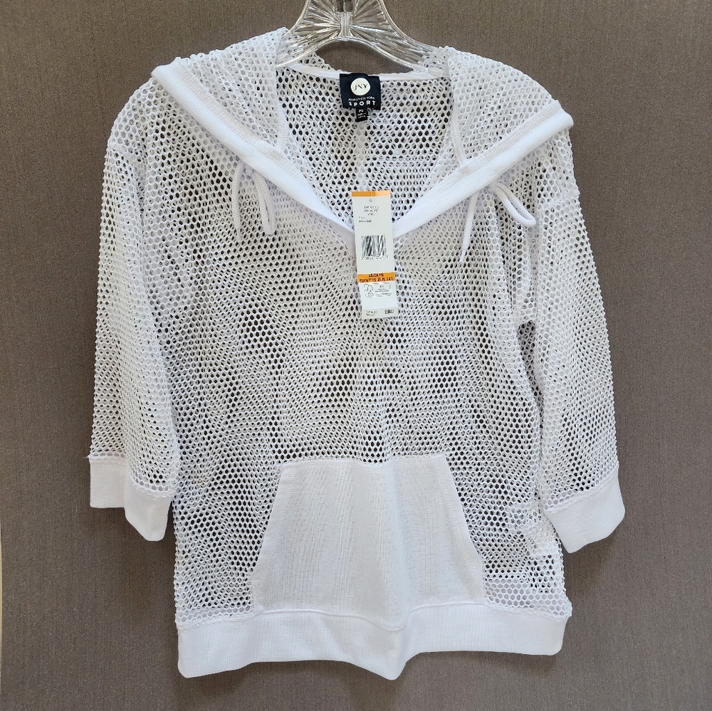 SWIMSUIT OR CASUAL COVERUP PS NWT JONES NY WHITE MESH WITH HOOD AND POCKET